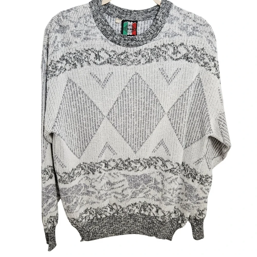Vintage Colore Made in Italy 3D Knit Sweater 90s Chunky Mens Gray White 90s M